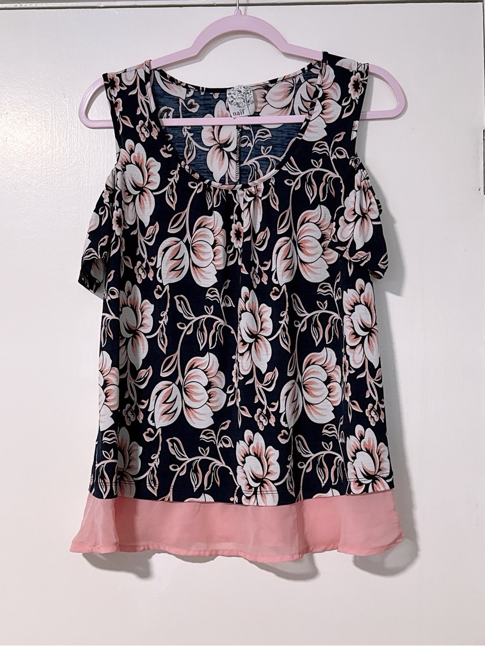 Floral Cold-Shoulder Blouse with Pink Hem